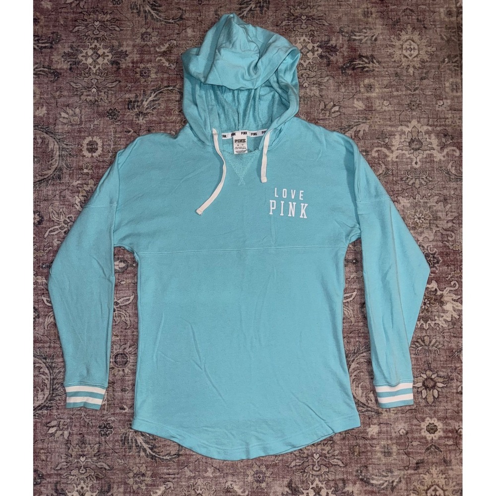 PINK Victoria's Secret Aqua Blue Oversized Hoodie Sweatshirt XS Pullover Logo - Picture 2 of 5